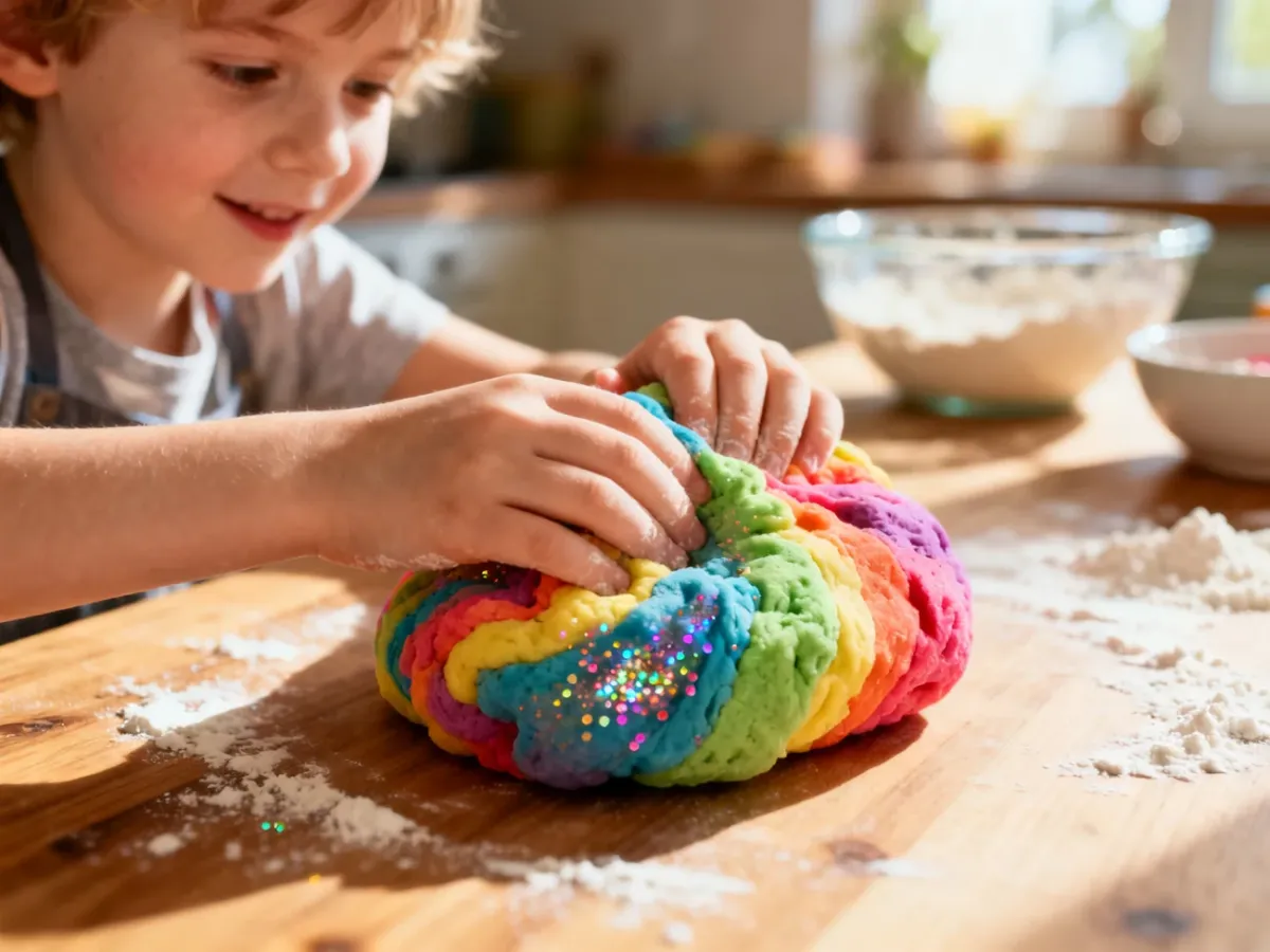 Dziecięce dłonie ugniatające kolorową, domową masę plastyczną z drobinkami brokatu na kuchennym stole.