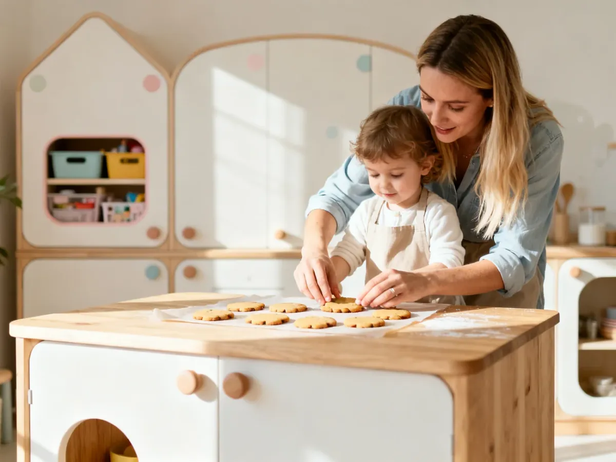Mama z dzieckiem wspólnie pieką ciasteczka przy niskim blacie w nowoczesnej, bezpiecznej kuchni.