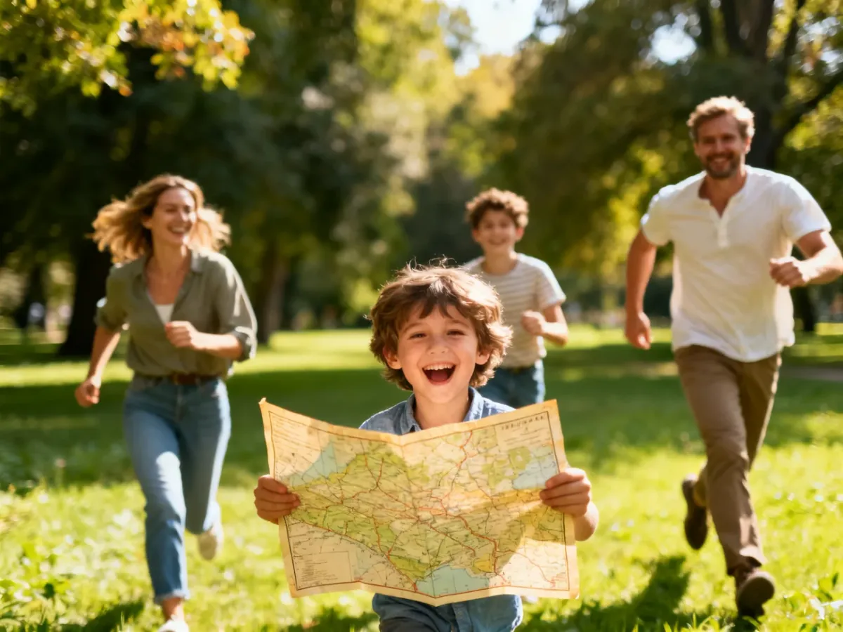 Szczęśliwa rodzina z dzieckiem biegnąca przez park z mapą w ręku podczas rodzinnej gry terenowej.