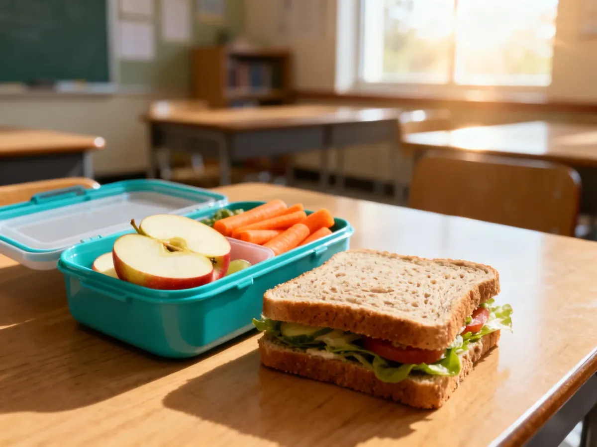Estetycznie zapakowany lunchbox ze zdrowymi przekąskami: plasterkami jabłka, marchewką i kanapką na drewnianym stole.