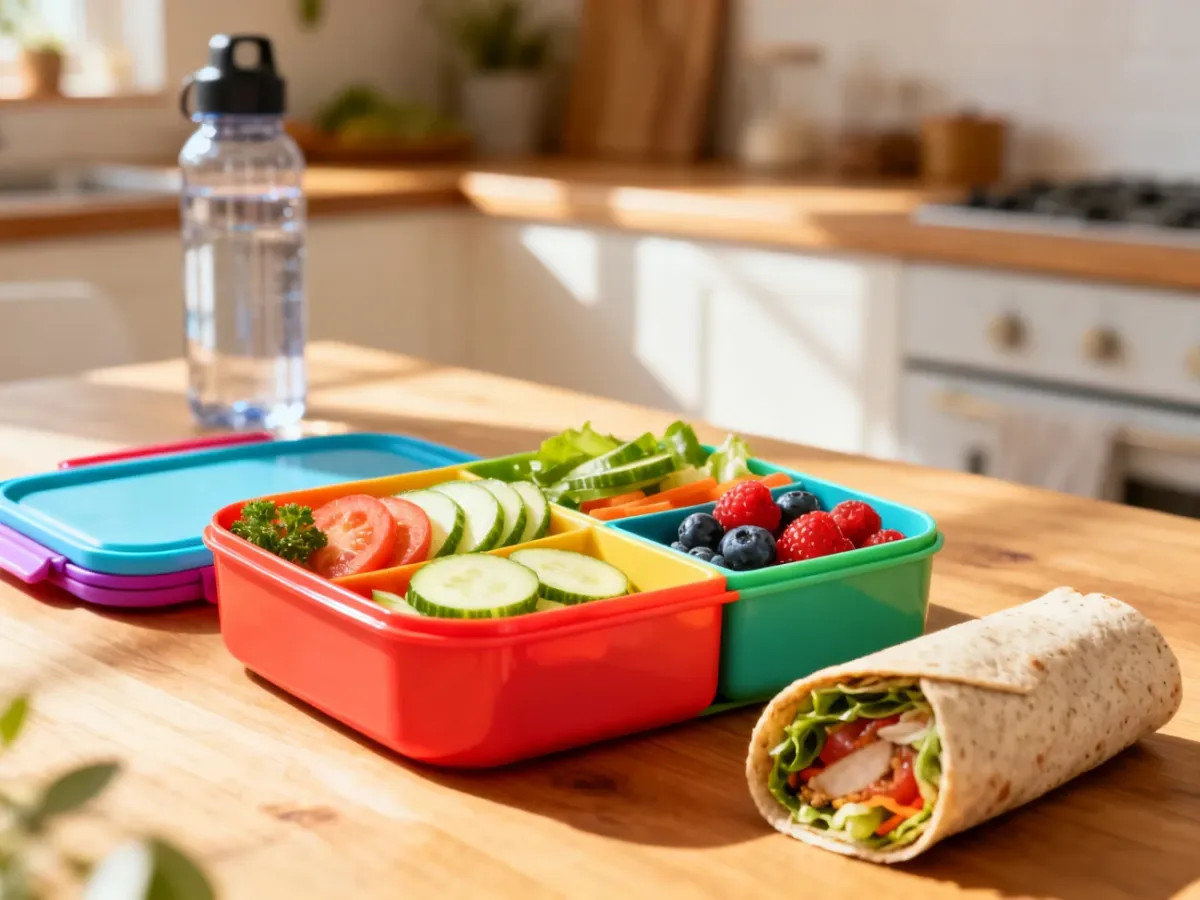 Kolorowy lunchbox z warzywami, owocami i wrapem na drewnianym stole, prezentujący zdrowe pomysły na szkolny posiłek.