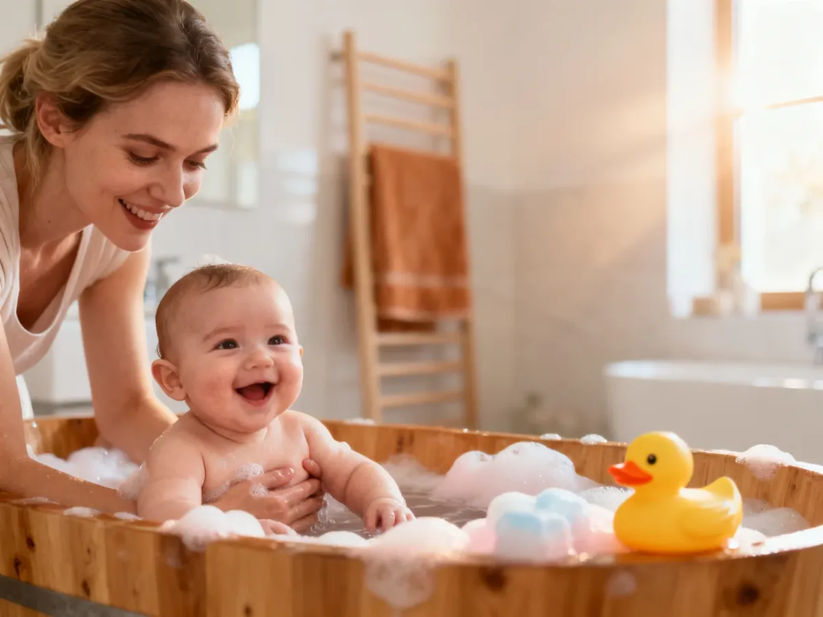 Młoda mama delikatnie kąpie radosne niemowlę w nowoczesnej łazience, tworząc spokojną i pełną ciepła atmosferę.