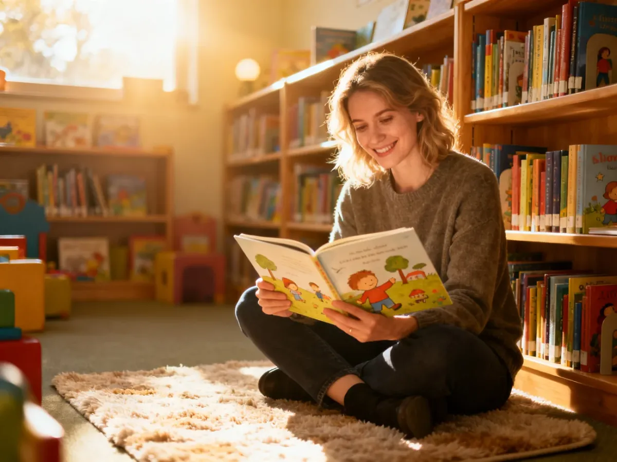 Kobieta czytająca dziecku książkę w przytulnej bibliotece, zachęcająca do wspólnej lektury.