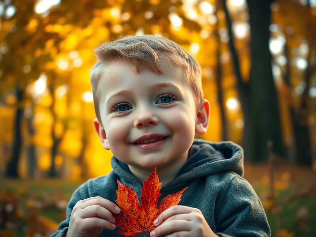 Uśmiechnięte dziecko siedzące w jesiennym parku i trzymające kolorowy liść klonu na tle złotego lasu.