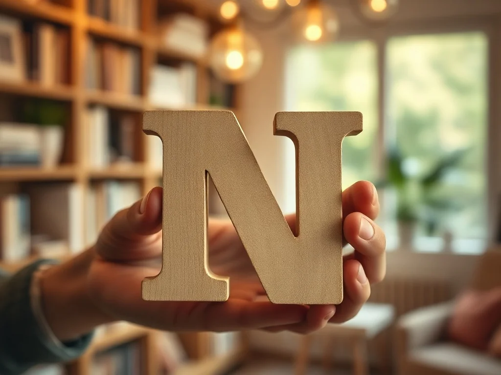 Osoba trzymająca w dłoniach drewnianą literę „N” na tle przytulnej biblioteki domowej.