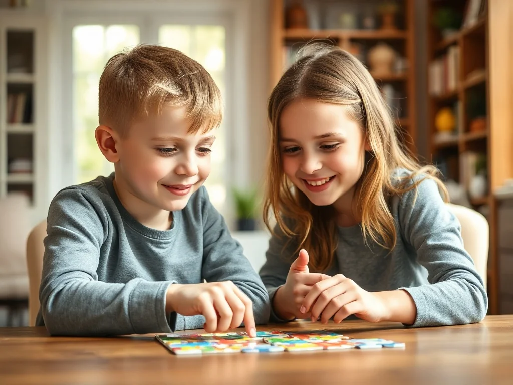 Dwoje dzieci w wieku 11 lat z uśmiechem rozwiązuje kolorowe puzzle przy drewnianym stole w przytulnym salonie.