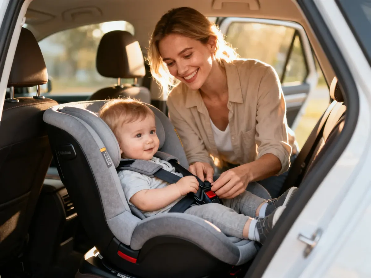 Uśmiechnięta mama starannie zapina dziecko w nowoczesnym foteliku samochodowym, dbając o jego bezpieczeństwo podczas podróży.