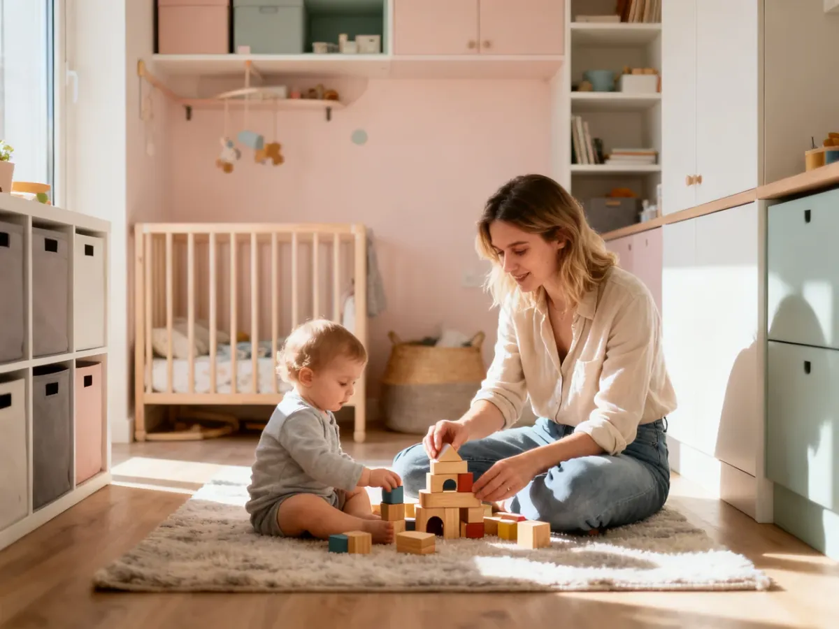 Mama z dzieckiem bawiący się klockami w przytulnym, funkcjonalnie urządzonym salonie z rozwiązaniami oszczędzającymi miejsce.