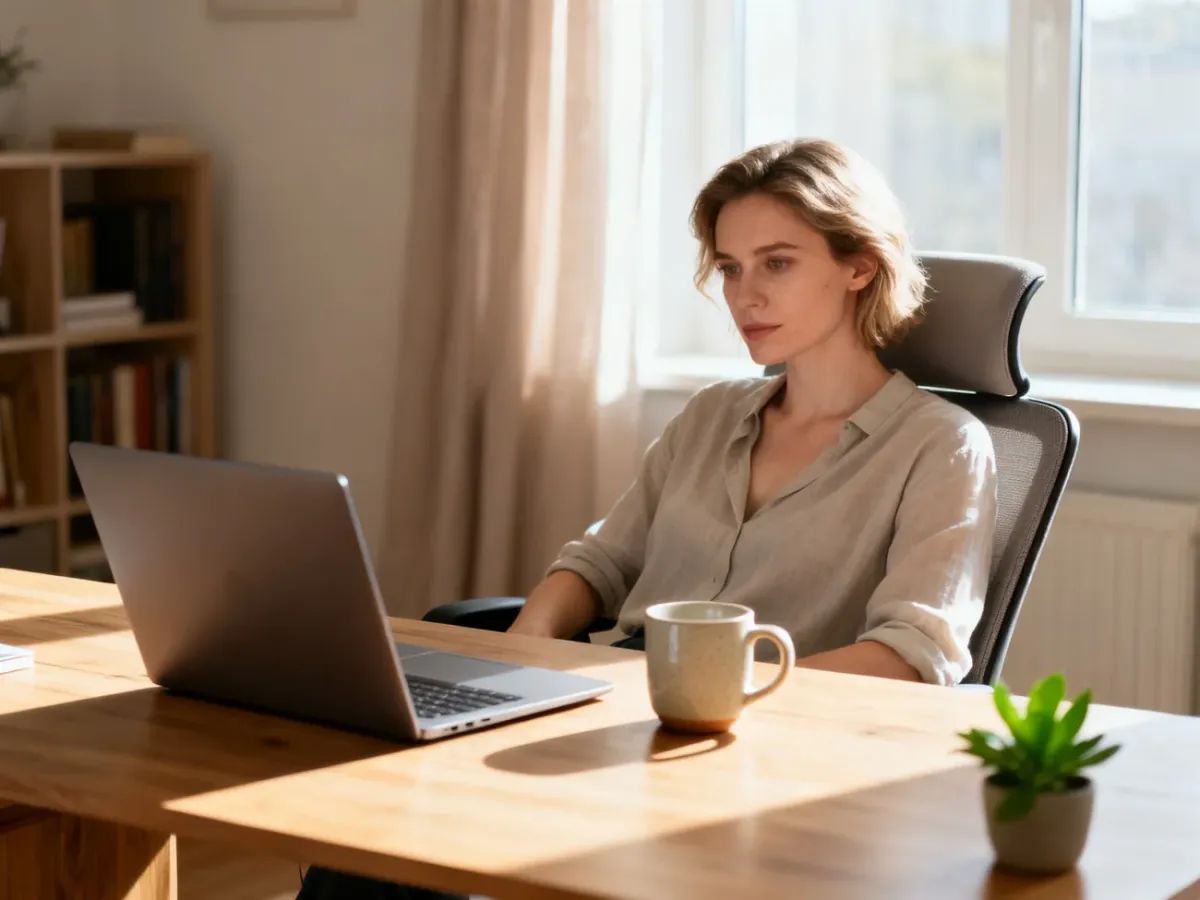 Kobieta pracująca przy minimalistycznym biurku w jasnym, domowym biurze z roślinnością i ergonomicznym fotelem.