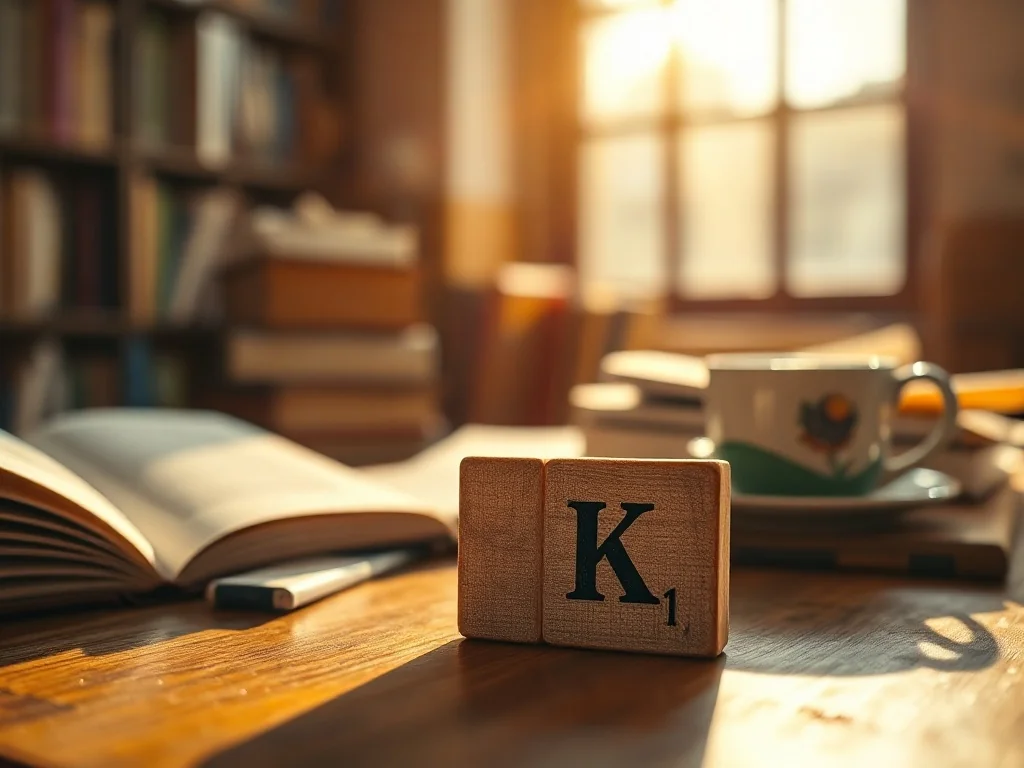 Drewniana płytka do gry w Scrabble z literą „K” na tle przytulnego biurka w bibliotece.