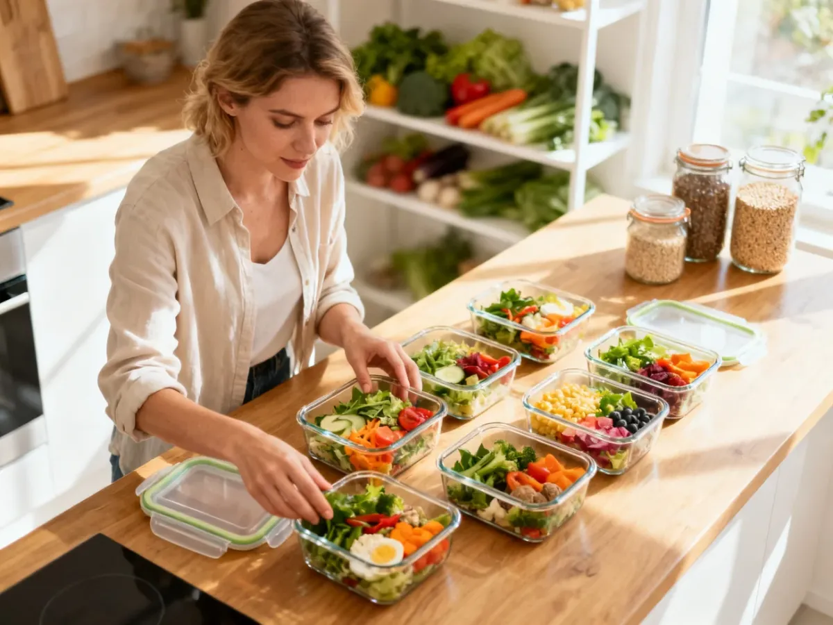 Kobieta przygotowuje zdrowe posiłki typu meal prep, układając je w szklanych pojemnikach na kuchennej wyspie.