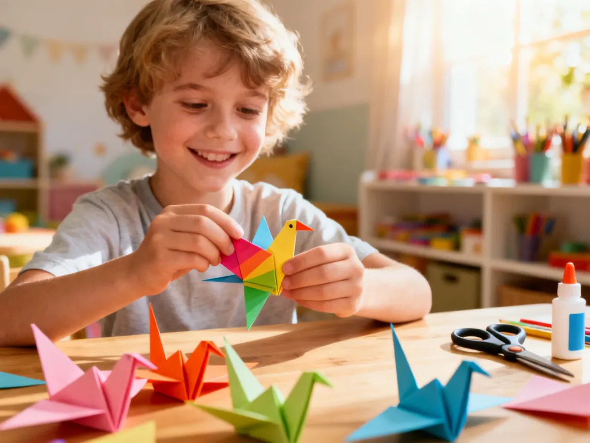 Dziecko z uśmiechem wycina kolorowego papierowego ptaka przy stole pełnym materiałów plastycznych i prac origami.