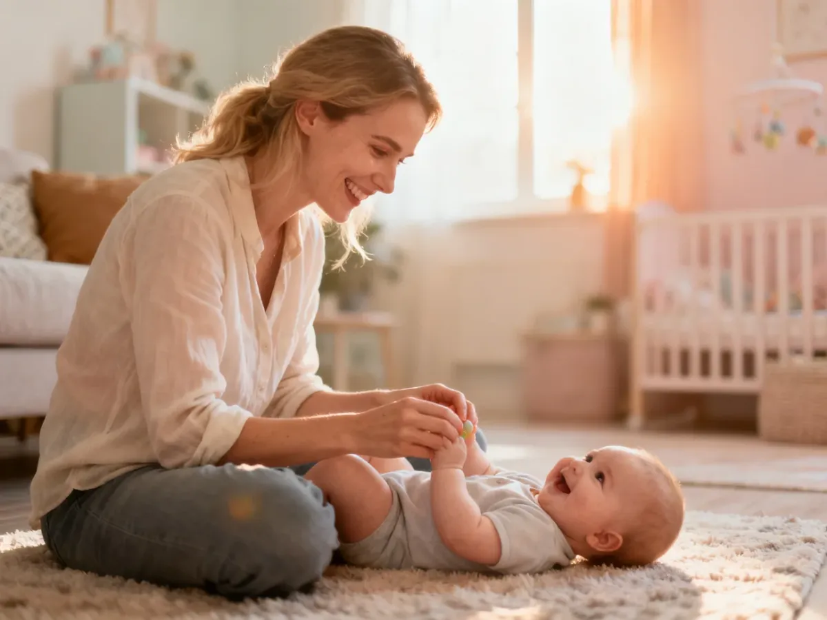 Uśmiechnięta mama bawiąca się z niemowlęciem w przytulnym, jasnym salonie, tworząca atmosferę spokoju i harmonii.