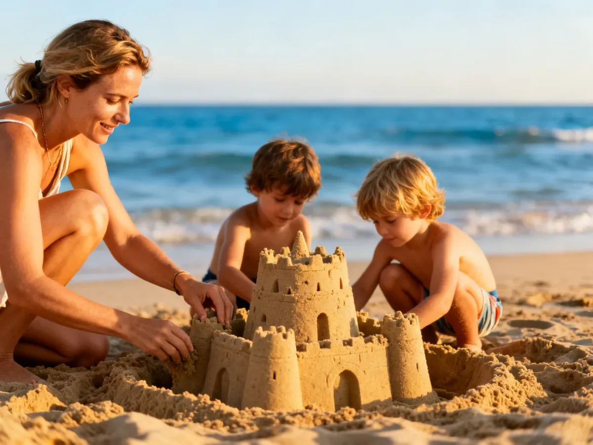 Mama z dwójką dzieci buduje zamek z piasku na słonecznej plaży, ciesząc się wspólnym czasem podczas letniego wypoczynku.