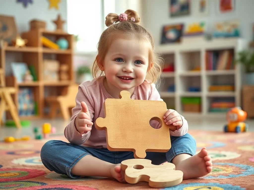 Pięcioletnia dziewczynka układa drewniane puzzle w przytulnym pokoju zabaw, rozwijając swoje umiejętności logiczne.