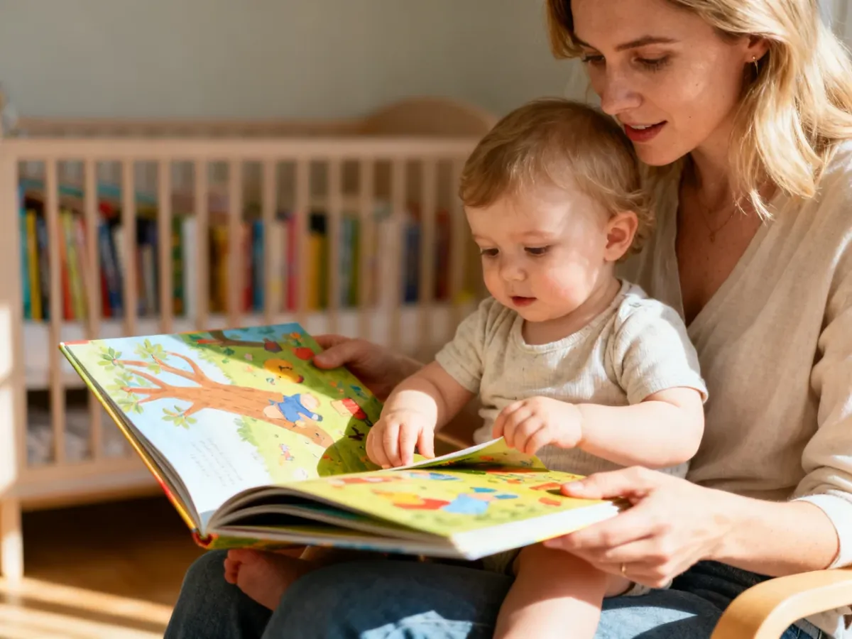 Mama czytająca kolorową książkę z dzieckiem w przytulnym pokoju dziecięcym. Idealna chwila na wspólne odkrywanie literatury.