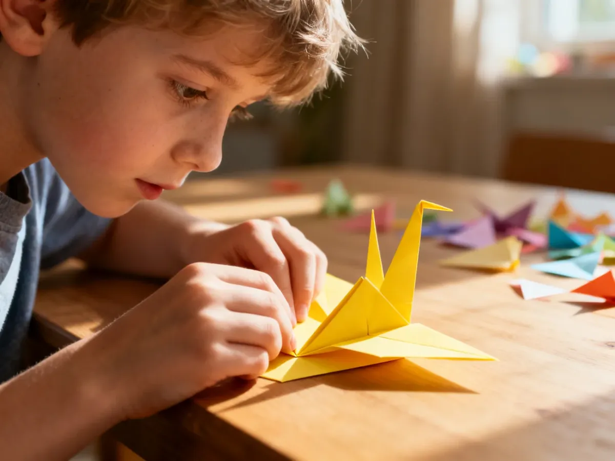 Dziecko z uwagą składa żółtego papierowego żurawia, ucząc się podstaw origami przy drewnianym stole.