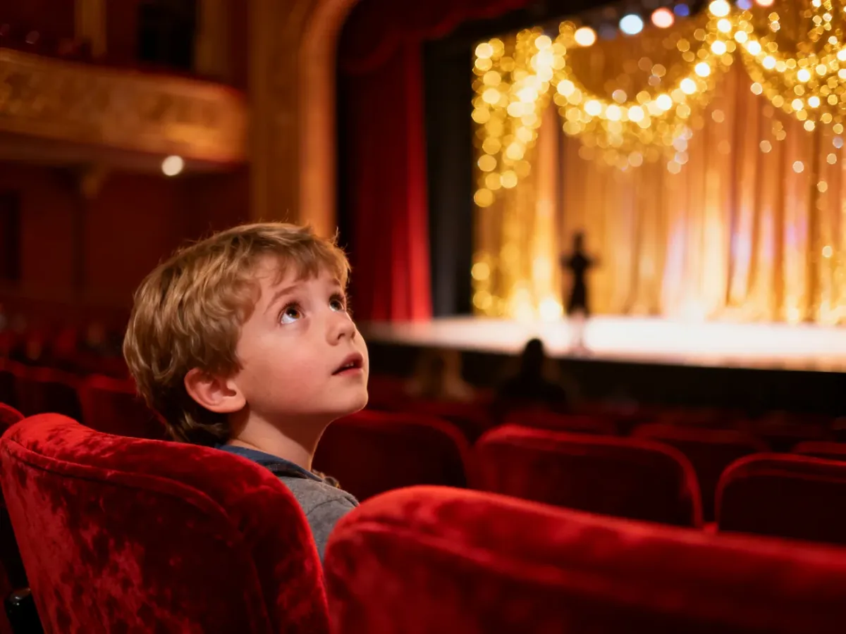 Dziecko z zachwytem oglądające spektakl w teatrze, siedzące na czerwonym fotelu w blasku scenicznych świateł.