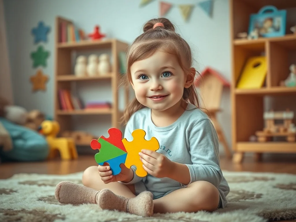 Sześcioletnia dziewczynka z zaciekawieniem układa kolorowe puzzle w przytulnym pokoju zabaw.