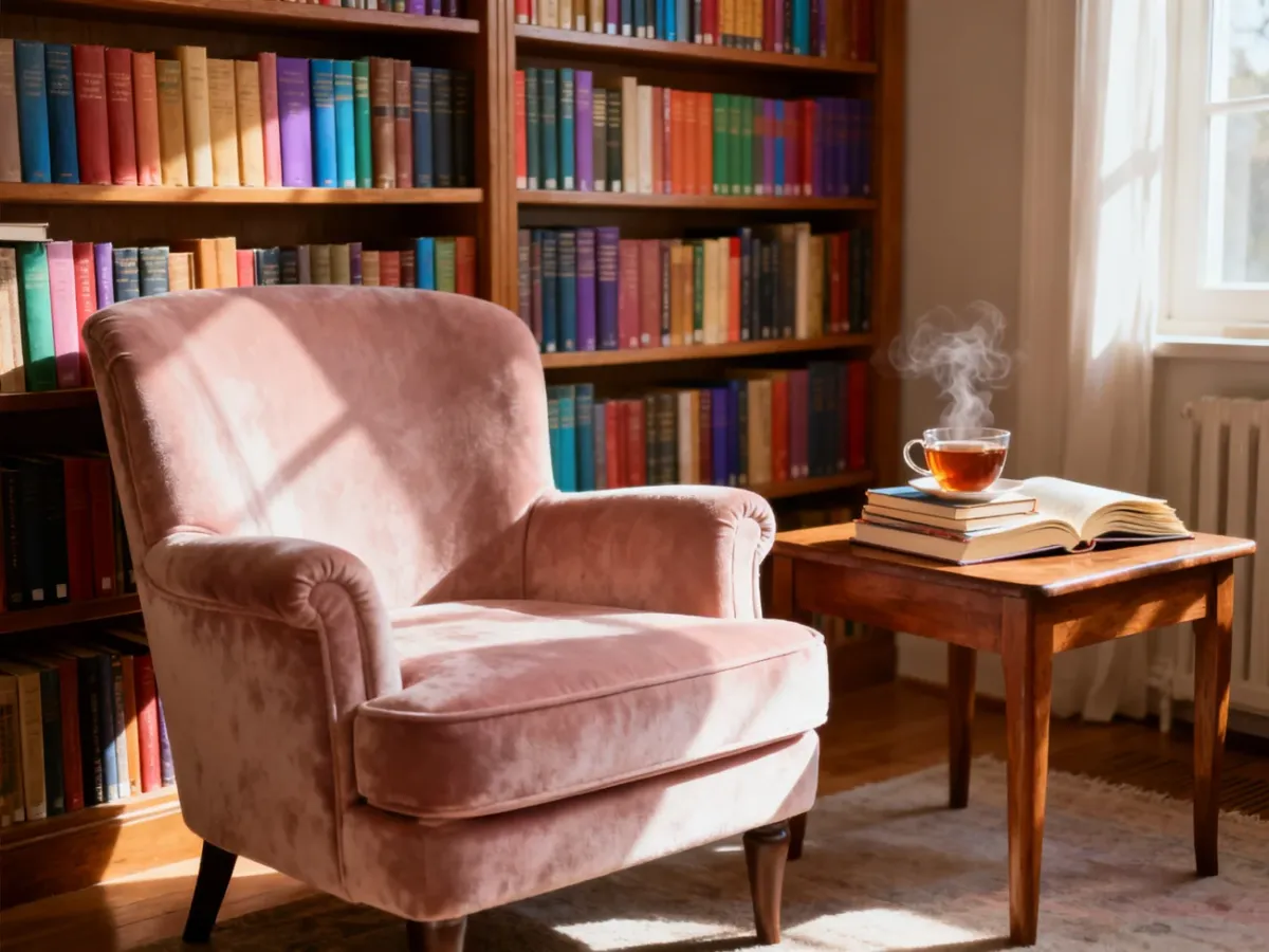 Przytulny kącik do czytania z wygodnym fotelem, filiżanką herbaty i regałami pełnymi książek w domowej biblioteczce.